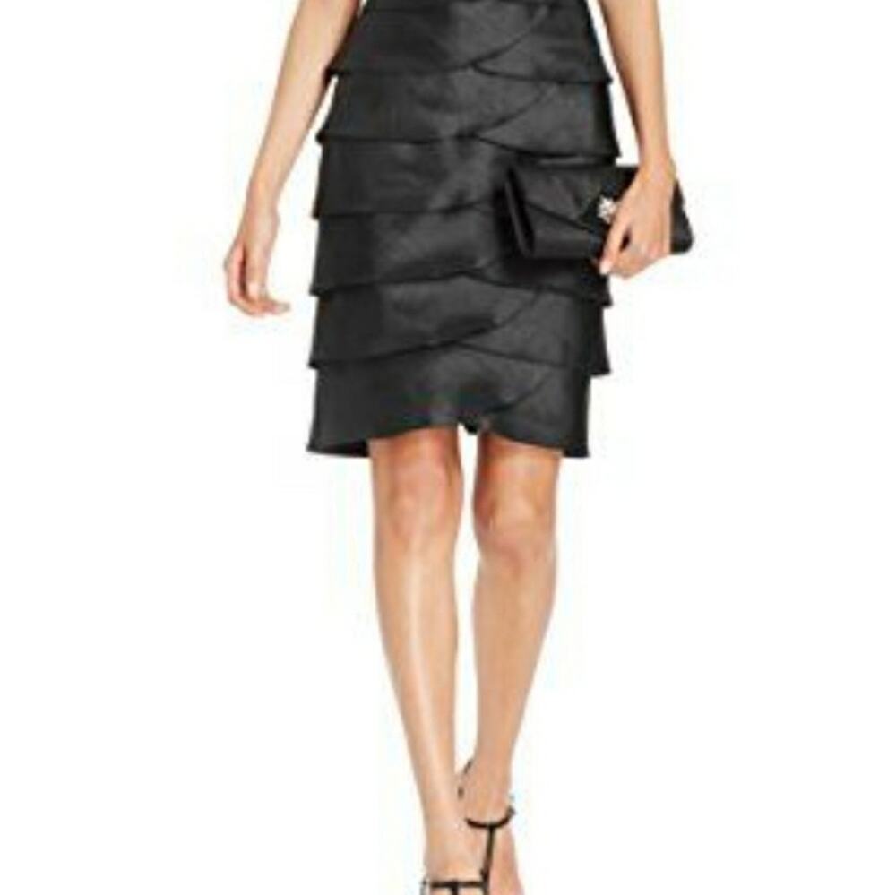 Victor Costa Black Tiered Ruffle Shimmer Knee Length Skirt Size 6